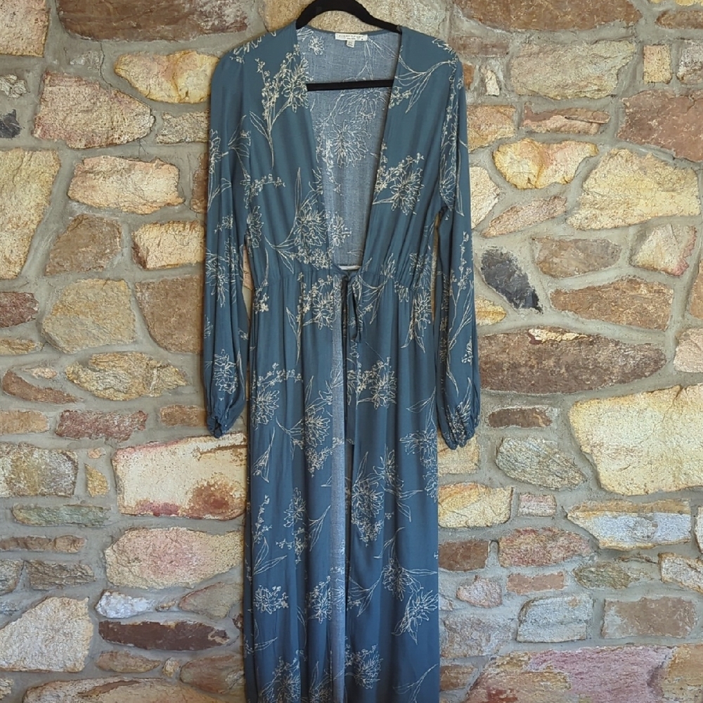 Final Touch Teal Blue Floral Tie-Waist Duster